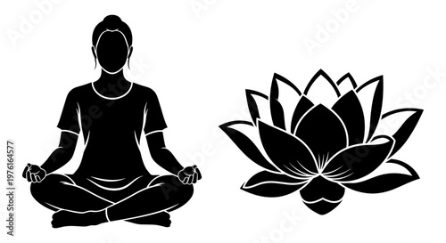 Serene meditation pose paired with a blooming lotus flower illustration Vector, illustration