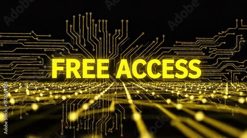 Digital cyber security concept featuring free access text on a glowing yellow circuit board background.