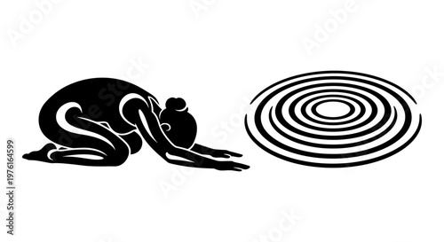 Ancient mythological scene featuring a serpent and human interaction with a spiral symbol Vector, illustration