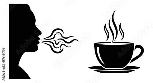Person blowing steam towards a cup of hot beverage with steam rising from it Vector, illustration