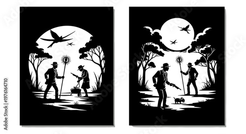 Two men exploring mysterious nocturnal landscapes with dandelions and birds Vector, illustration