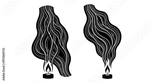 Elegant black and white artistic depictions of flickering candle flames with flowing drapery Vector, illustration