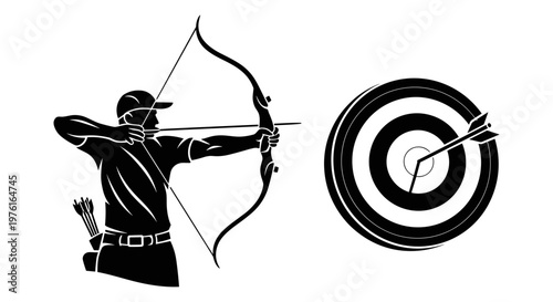 Archer aiming at a target with traditional bow and arrows Vector, illustration