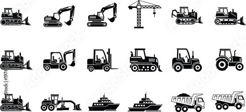 Heavy industrial construction machinery and maritime transport vehicle icons set featuring bulldozer excavator crane forklift tractor motor grader ship