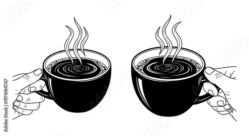 Two hands holding steaming cups of coffee with sugar being added to one. Vector, illustration