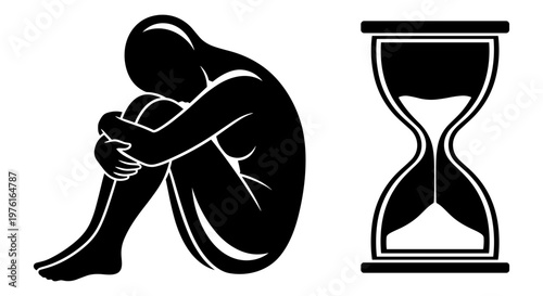 Contemplative figure sitting beside an hourglass symbolizing the passage of time and reflection Vector, illustration