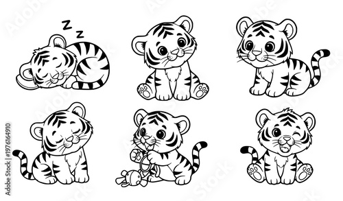 A set of cute cartoon tiger illustrations in various playful poses