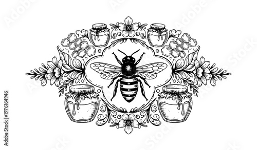 A black and white illustration of a bee surrounded by honey jars and flowers