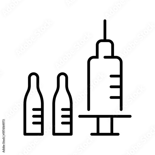 Syringe vial icon. Healthcare and injection line symbol. Black and white.