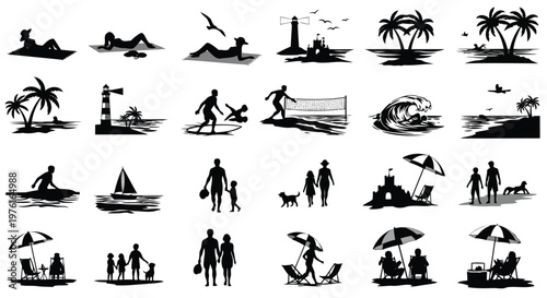Diverse beach activities and relaxation scenes depicted in silhouette style Vector
