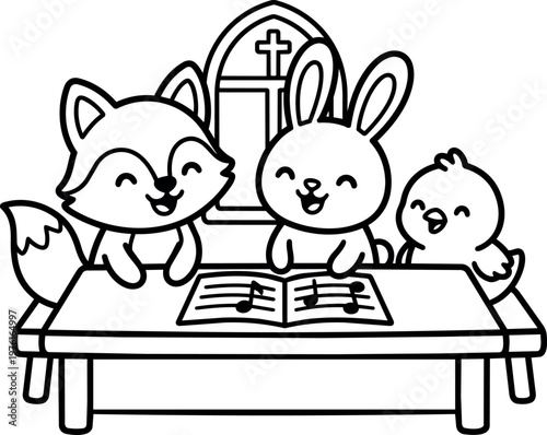 Black and white singing fox bunny and chick with hymn book in church window