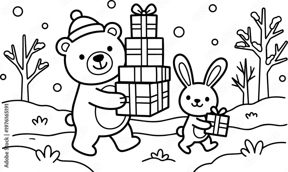Fototapeta premium Cute bear with hat and rabbit carrying stacked gift boxes winter scene line art
