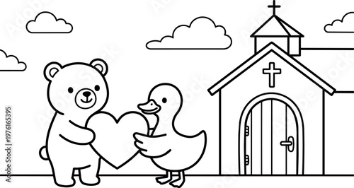 Black and white line art bear and duck holding heart near church with clouds