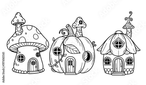 A whimsical vector illustration of three fairy tale houses in a minimalist line art style