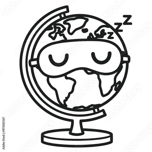 Globe Resting: A whimsical illustration showcases a globe adorned with a sleep mask, playfully conveying the concept of travel rest and exploration with a touch of charm.