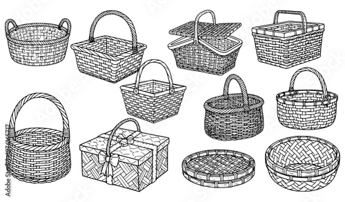 Obraz na płótnie A collection of various wicker baskets and containers in a simple line art style