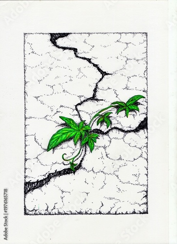 Green plant growing through cracked ground illustration for Earth Day, symbolizing hope, resilience, nature's power, and environmental protection.