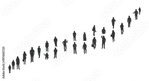 Ascending silhouettes of people demonstrating a gradual increase in height and complexity Vector