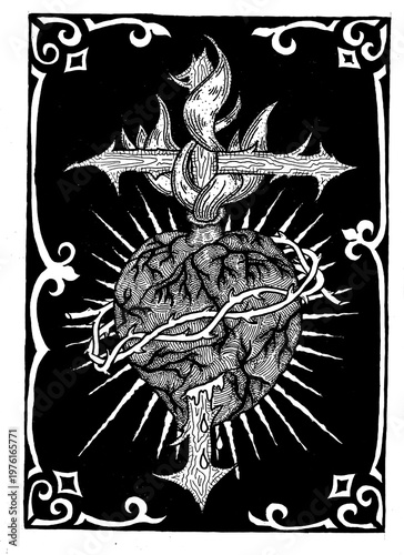 Sacred Heart of Jesus engraving with thorns, cross, and flames. Christian religious art symbolizing divine love, faith, and sacrifice.