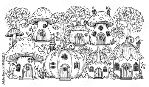 A whimsical vector illustration of a fairy tale village with mushroom houses