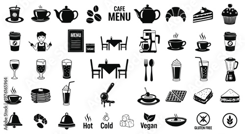 Comprehensive black and white icons depicting a cafe and restaurant menu items and symbols Vector