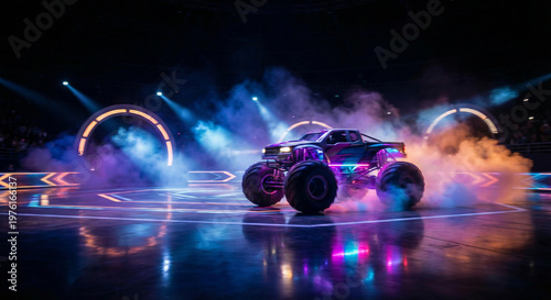 Futuristic monster truck illuminated by vibrant neon lights performing a dramatic stunt on a reflective indoor stage with colorful smoke effects