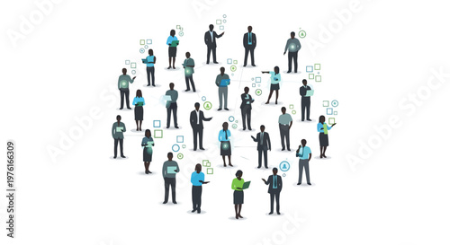 Diverse group of professionals collaborating with digital interfaces in a network formation Vector