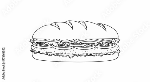 A detailed black and white line drawing of a long sub sandwich packed with ingredients