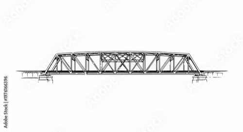 A detailed black and white sketch of a metal truss bridge structure