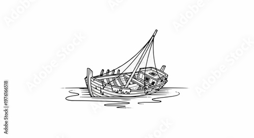 A detailed line drawing depicts a dilapidated, weathered wooden boat adrift on calm water