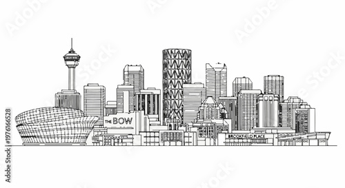 A detailed line drawing depicts a modern cityscape with diverse architectural styles and heights
