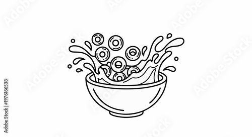 A graphic illustration of cereal rings splashing in a bowl of milk