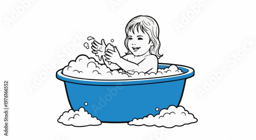A child joyfully plays with suds in a bright blue bathtub