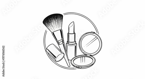 A graphic illustration of makeup items lipstick, brush, and compact mirror