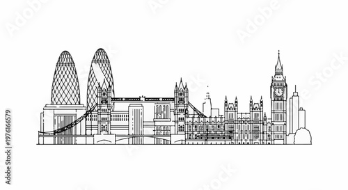 A detailed line drawing of a city skyline featuring iconic buildings, including towers