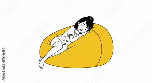 A child naps peacefully on a large, soft yellow beanbag chair