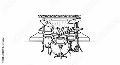 A detailed line drawing of a drum set on a stage with spotlights