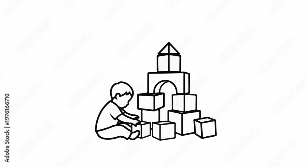 Fototapeta premium A child sits on the floor building a tower with blocks