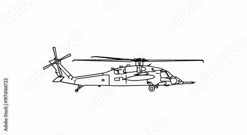 A detailed line drawing of a military helicopter in side profile