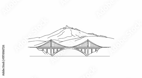 A grand suspension bridge spans a valley, with a mountain and ruins in the background
