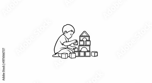 A child sits on the floor, concentrating while building a tower with blocks
