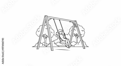 A child swings on a swing set amidst trees and clouds