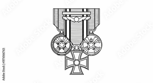 A detailed line drawing of a military medal cluster with a cross and stars