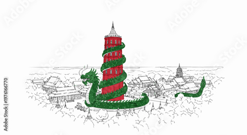 A green dragon coils around a red tower in a sketched town