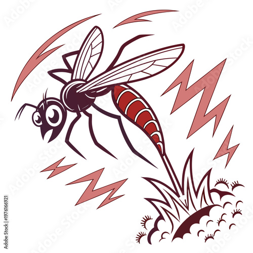 Принти на полотні Aggressive mosquito pest buzzing with lightning effect over explosive plant in graphic illustration style