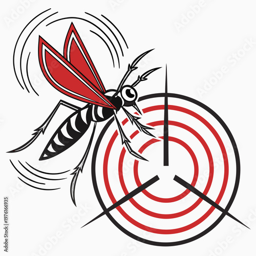 Bild auf Leinwand A black and red mosquito with patterned wings and legs, flying over a circular target-like symbol with red rings