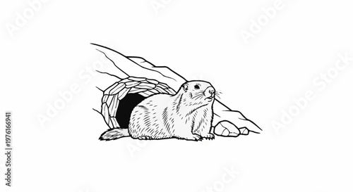A groundhog emerges from its burrow in a stylized rocky landscape