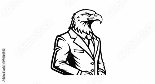 A black and white cartoon illustration of an eagle in a suit
