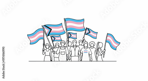 A group of diverse figures proudly hold up trans pride flags in a unified display