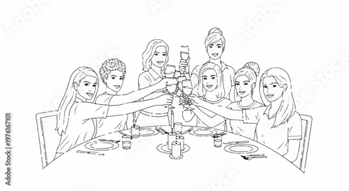 A group of friends toasting with wine glasses around a dinner table